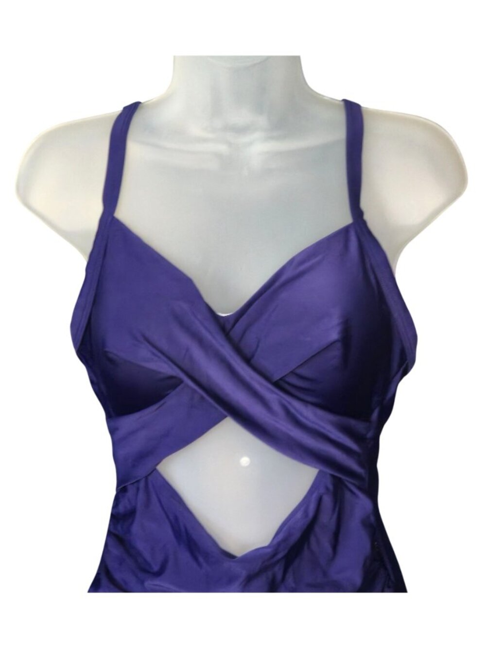 Purple Cross Front One Piece Swimsuit M Cutout Adjustable Straps Lined - Picture 2 of 8